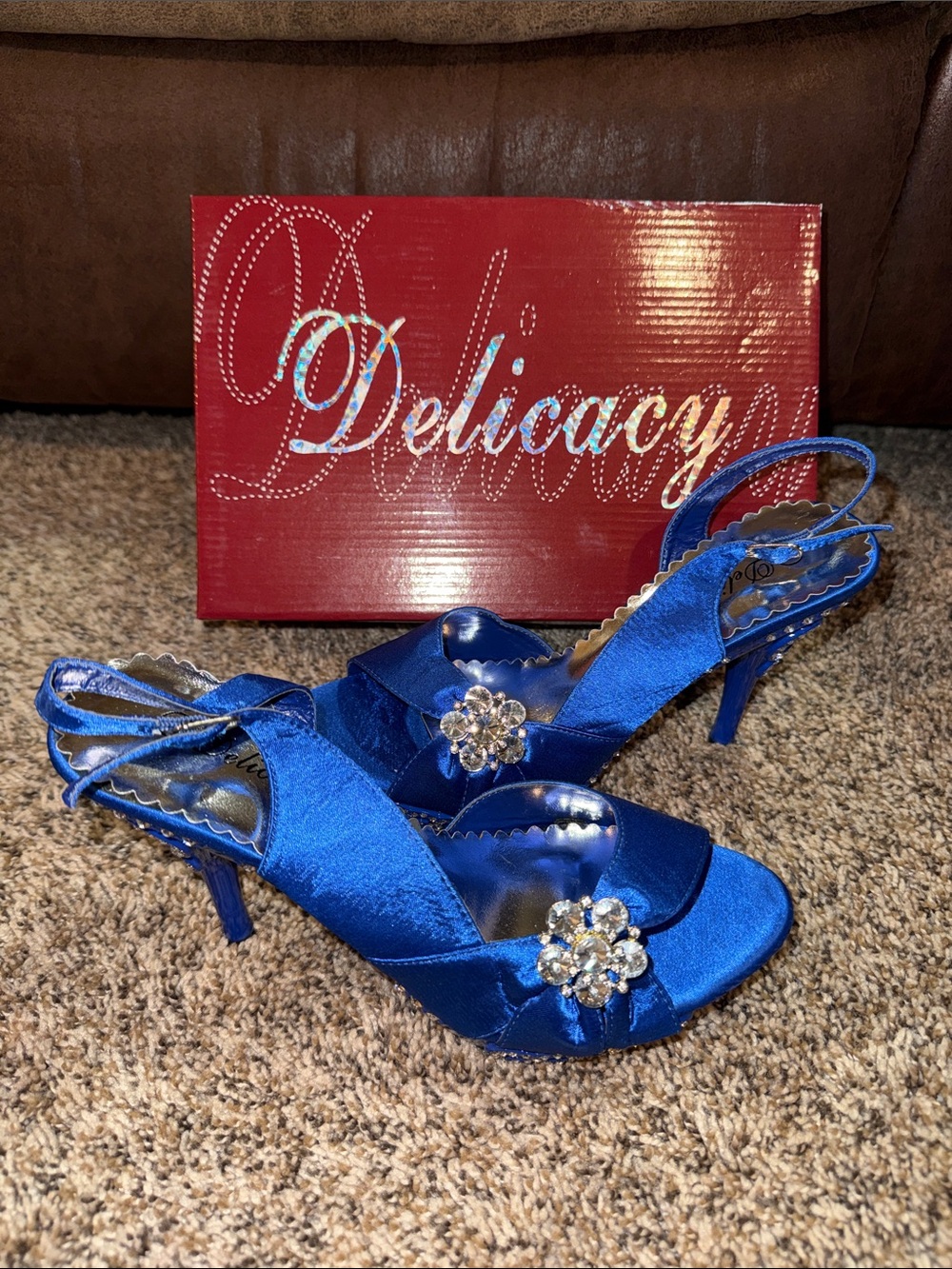 Delicacy Royal Blue Satin Slingback Heels with Crystal Flower